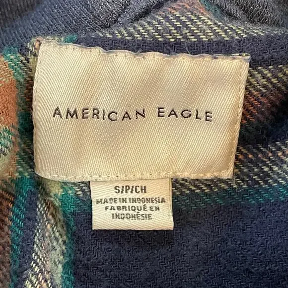 American Eagle Plaid Hooded Button Front Flannel Shirt Blue Green Women’s S - Picture 3 of 7